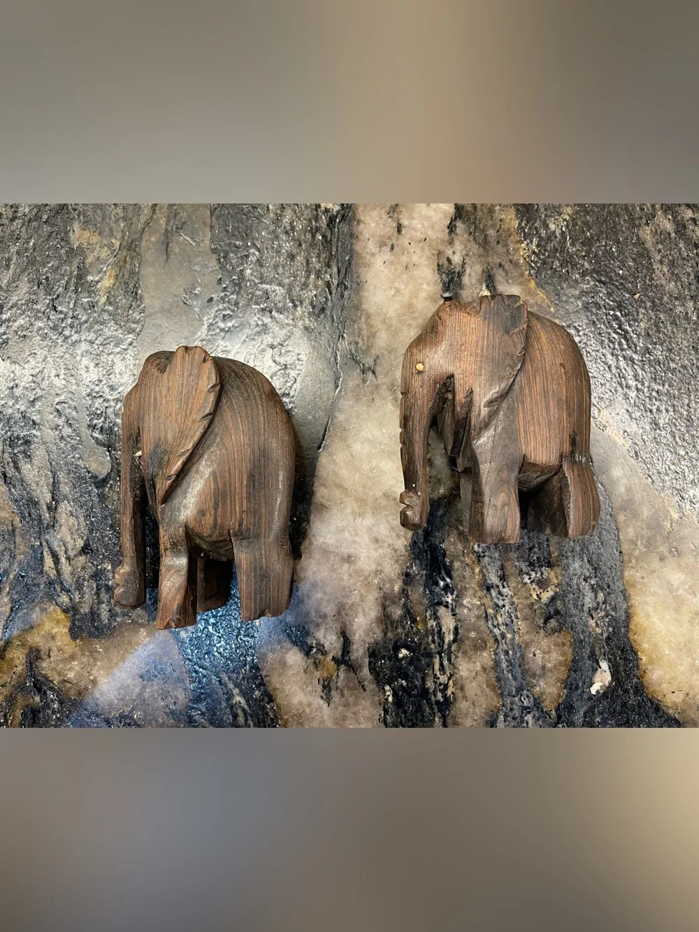 Vintage Hand-Carved Dark Teak Wood Elephant Figurines - Set of 2 2.5”x4”